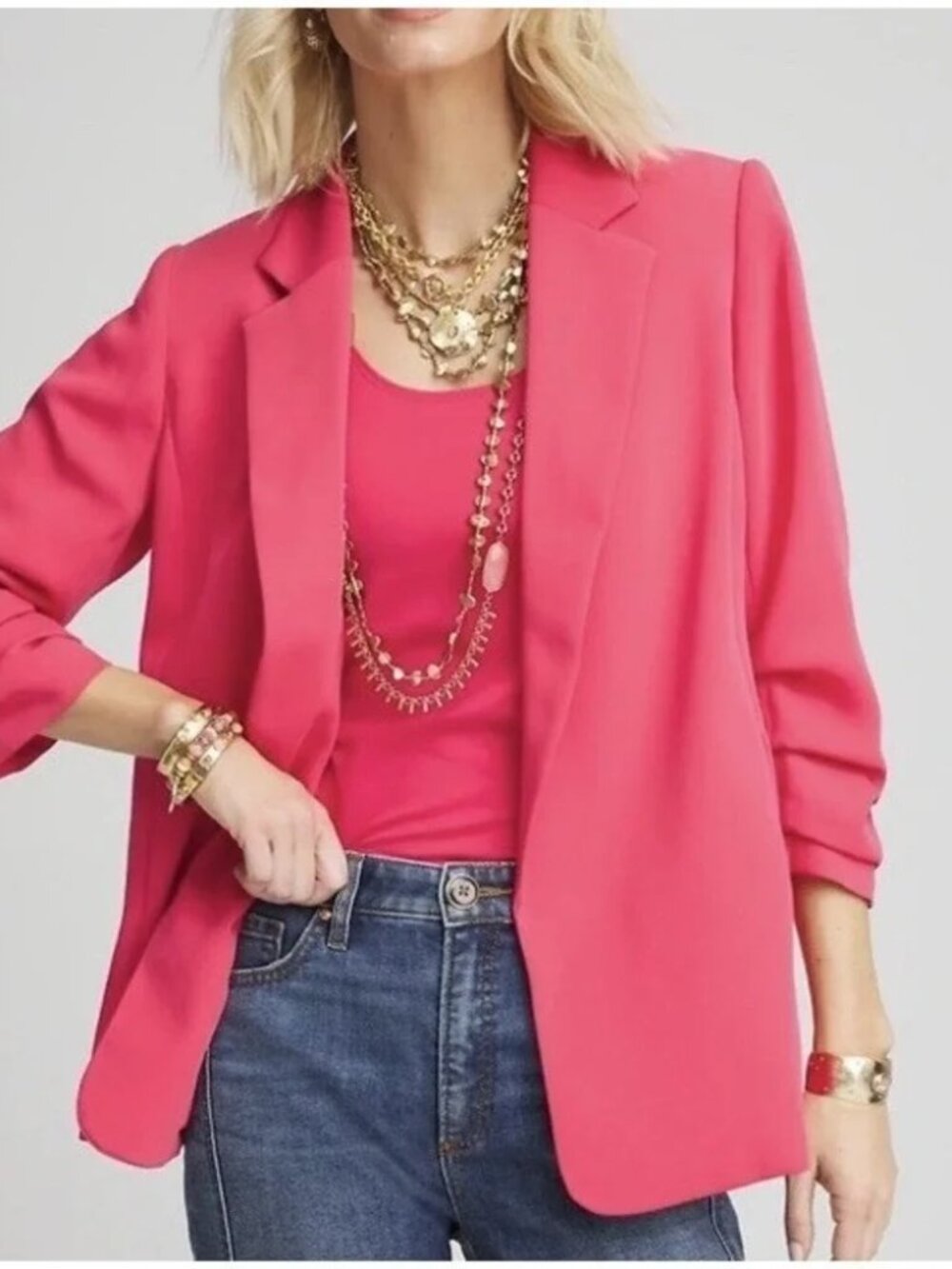 NWT Chico's Notched-Lapel Ruched Sleeve Blazer in Dried Roses Pink size 2.5 14